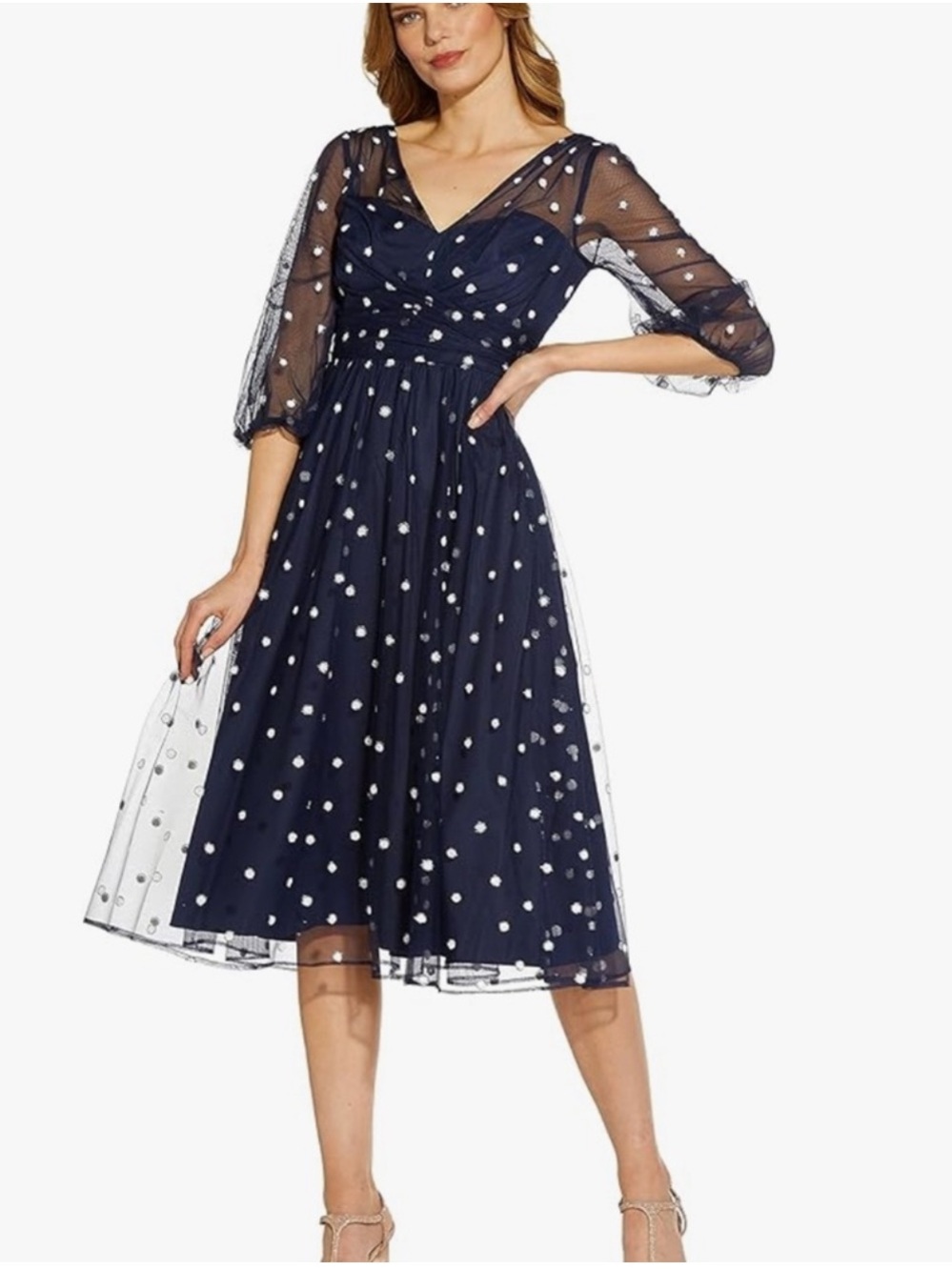 ADRIANNA PAPELL Navy Blue Glitter Tulle Polka Dot Dress Sz 14 NWT